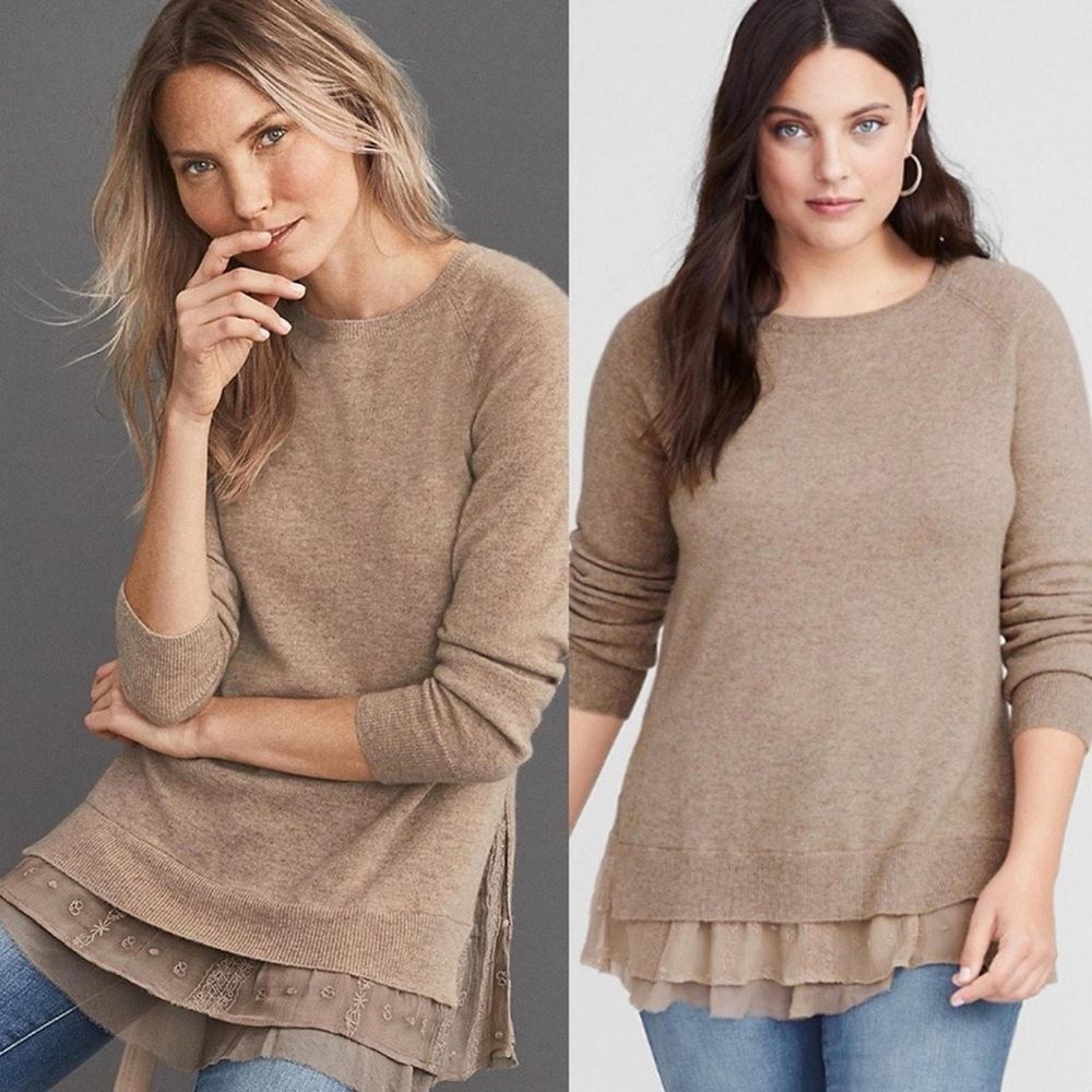 Garnet Hill 100% Cashmere Tan Crewneck Layered Lace Hem Sweater women’s small